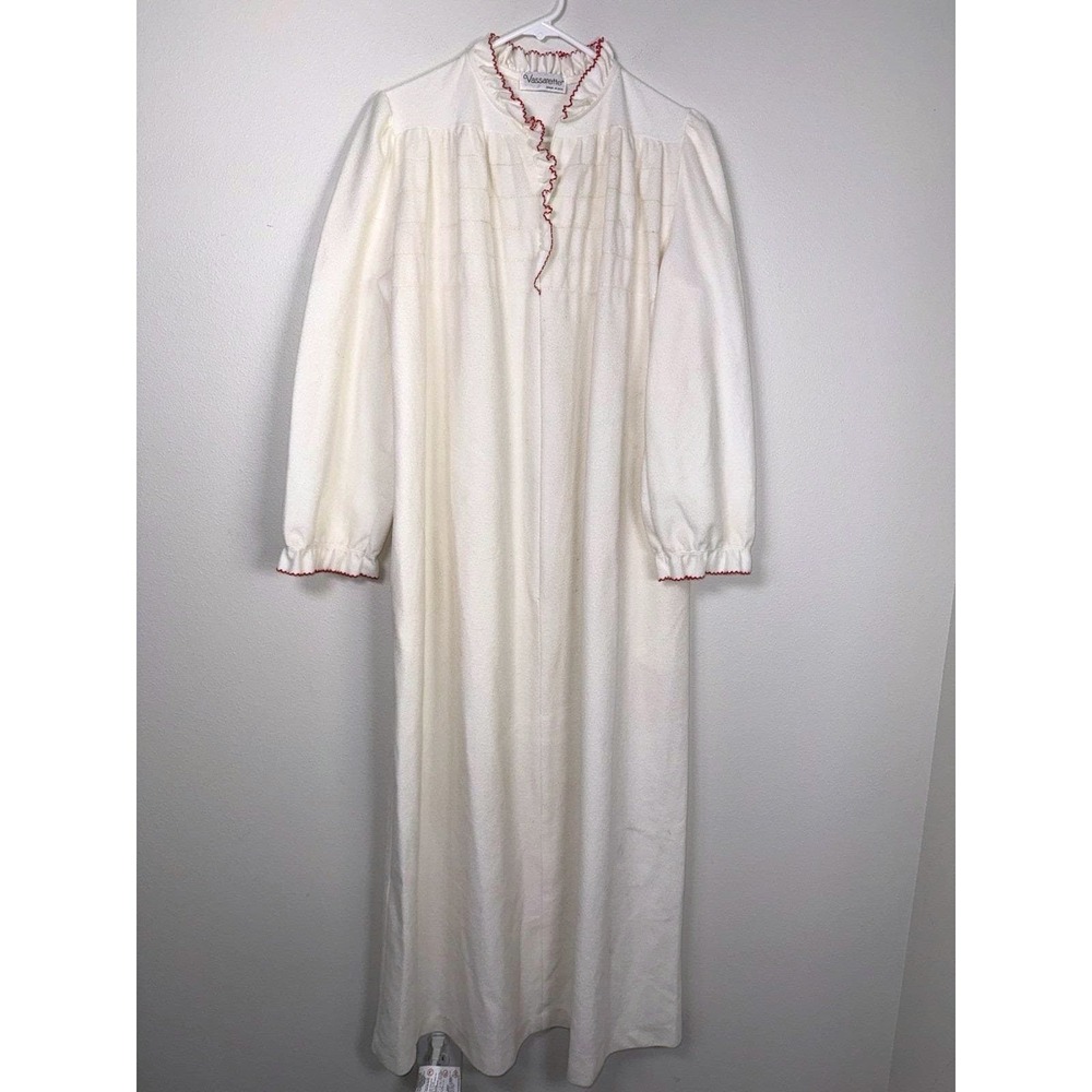 Vintage‎ Vassarette Nightgown OSFM Ivory Red Trim Long Sleeve Full Zip USA